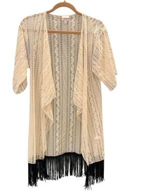 LuLaRoe Lace Kimono Cardigan Black Fringe Trim Sheer Open Front Lightweight Smal